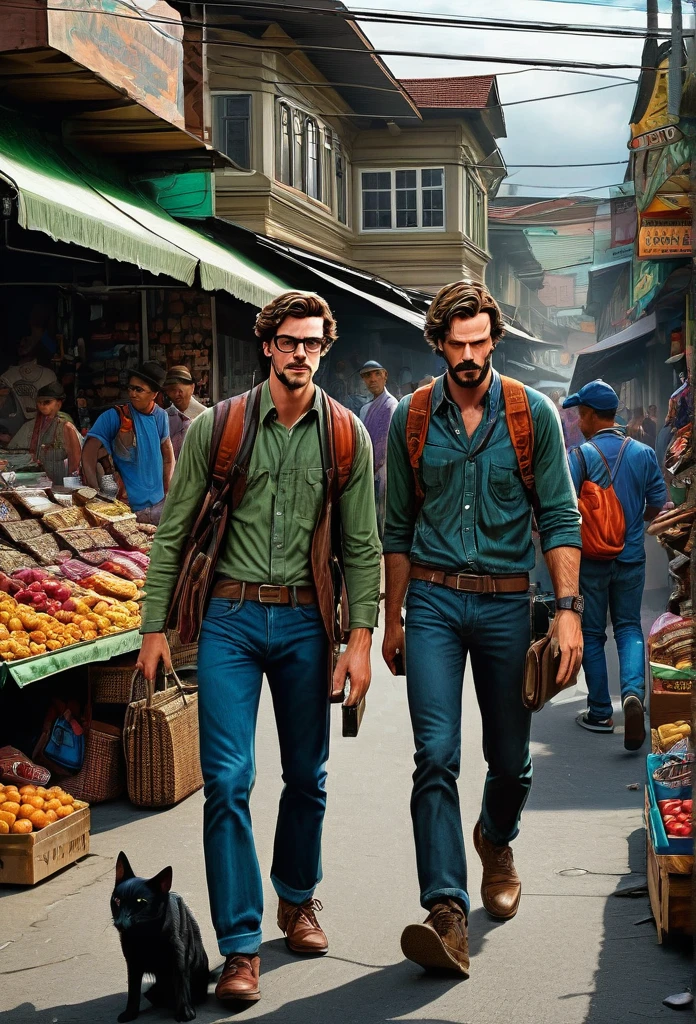a picture of two young photographers, Clark Kent and Peter Parker, on the street, moving their self to take a street photograph, in a vibrant traditional market place in Bandung City, Indonesia, insanely detailed living scene with an enigmatic figure looked kike John Wick talikng to several dudes, masterpiece intricate color pencil illustration with Don Lawrence style, octane render