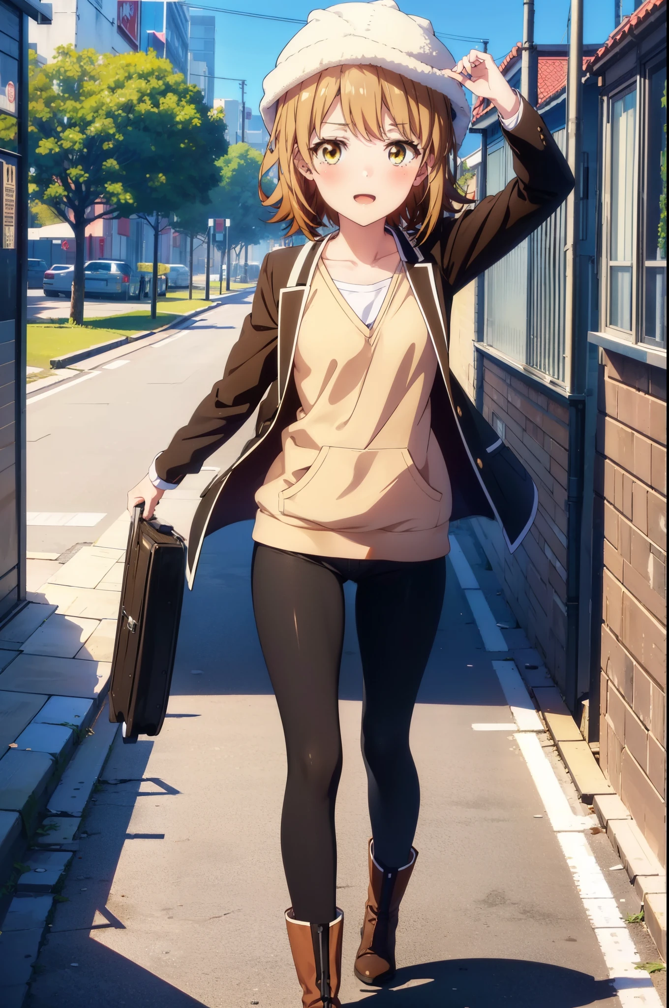 irohaisshiki, iroha isshiki, short hair, Brown Hair, (Brown eyes:1.5), happy smile, smile, Open your mouth,blush,Applejack Hat,Black hoodie,Short sleeve,The front is free,Shorts,black tights,short boots,Looking down from above,whole bodyがイラストに入るように,Daytime,Clear skies,
break looking at viewer,whole body,
break outdoors, In town,Building district,
break (masterpiece:1.2), highest quality, High resolution, unity 8k wallpaper, (shape:0.8), (Beautiful and beautiful eyes:1.6), Highly detailed face, Perfect lighting, Highly detailed CG, (Perfect hands, Perfect Anatomy),