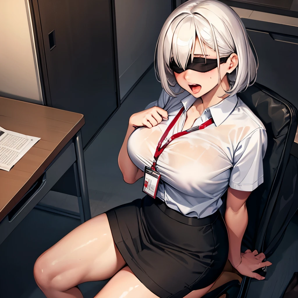 office,ID card,Bob,Blindfold,Dildo,Open your mouth,Girl sitting:1.5,rope,Tie your arms behind your head,darkness,woman,sexual excitement,Pencil Skirt,High heels,Ahegao