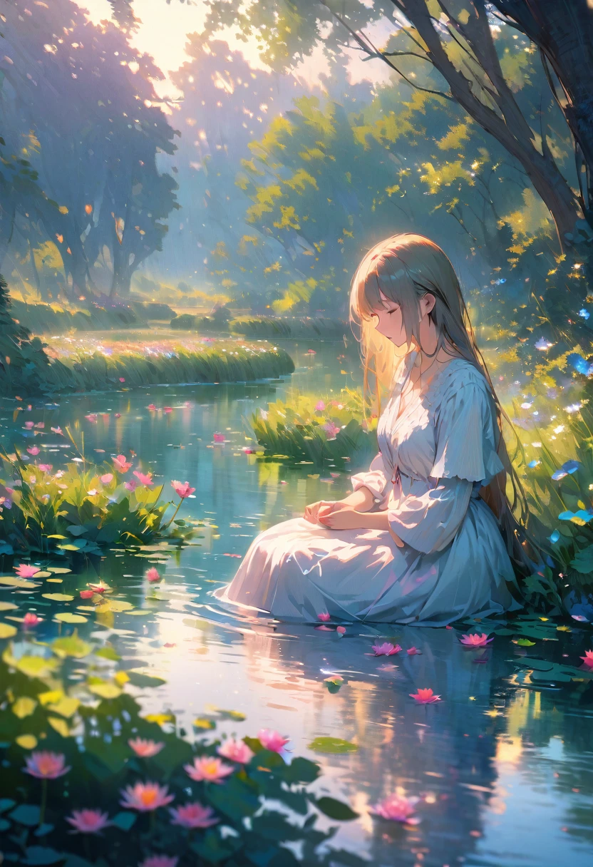 (Absurd:1.5), (Masterpiece:1.3), Top Quality, Absolute Resolution, Unity 8K Wallpaper,ultra-detailed,dreamy atmosphere,impressionistic style,soft sunlight, vibrant colors,blurred background,authentic brushstrokes,Claude Monet,subtle expression,natural surroundings,water lilies,reflection on water,calm and serene,morning light,fresh air,lush greenery,peaceful ambiance,stunning impressionist masterpiece,bright and pastel tones,harmonious composition,artistically captured beauty,classic and timeless,ethereal and enchanting,painting come to life.