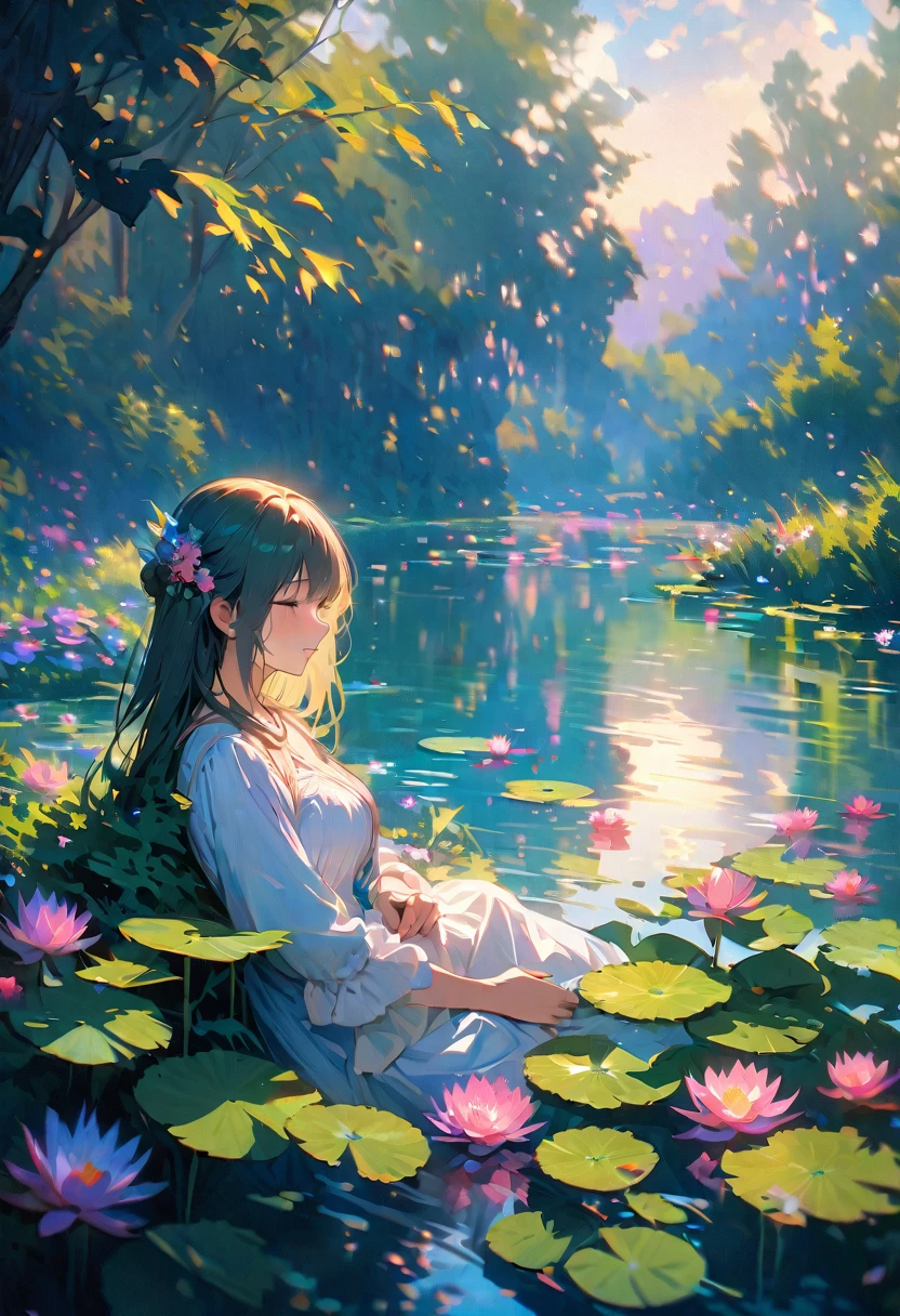 (Absurd:1.5), (Masterpiece:1.3), Top Quality, Absolute Resolution, Unity 8K Wallpaper,ultra-detailed,dreamy atmosphere,impressionistic style,soft sunlight, vibrant colors,blurred background,authentic brushstrokes,Claude Monet,subtle expression,natural surroundings,water lilies,reflection on water,calm and serene,morning light,fresh air,lush greenery,peaceful ambiance,stunning impressionist masterpiece,bright and pastel tones,harmonious composition,artistically captured beauty,classic and timeless,ethereal and enchanting,painting come to life.