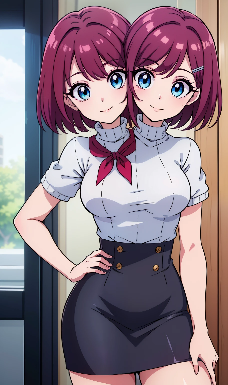 b best quality, (masterpiece),(ultra-detailed), (high quality), (high resolution), ((2heads:1.5)), ((dark magenta hair)), shorts, best quality:1.5, highres, UHD, 4K), smiling, ((white turtleneck shirt)), (short sleeves),((seductive pose)), ((detailed eyes)), (light blue eyes), dark gray skirt, (hair-clip), ((girl with two heads), (red neckerchief), (small breasts)