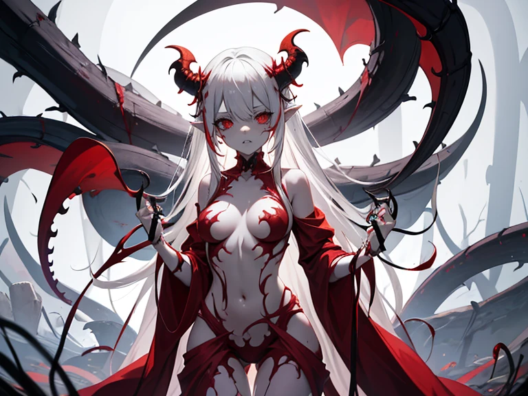 Monster girl with Bone tentacles, She has shiny red eyes with white hair, She has tiny breasts, Small breasts, Flat bust, She is wearing demonic costume, Glowing robe, Blood is dripping from her eyes, Bleeding scars, White bone tentacles