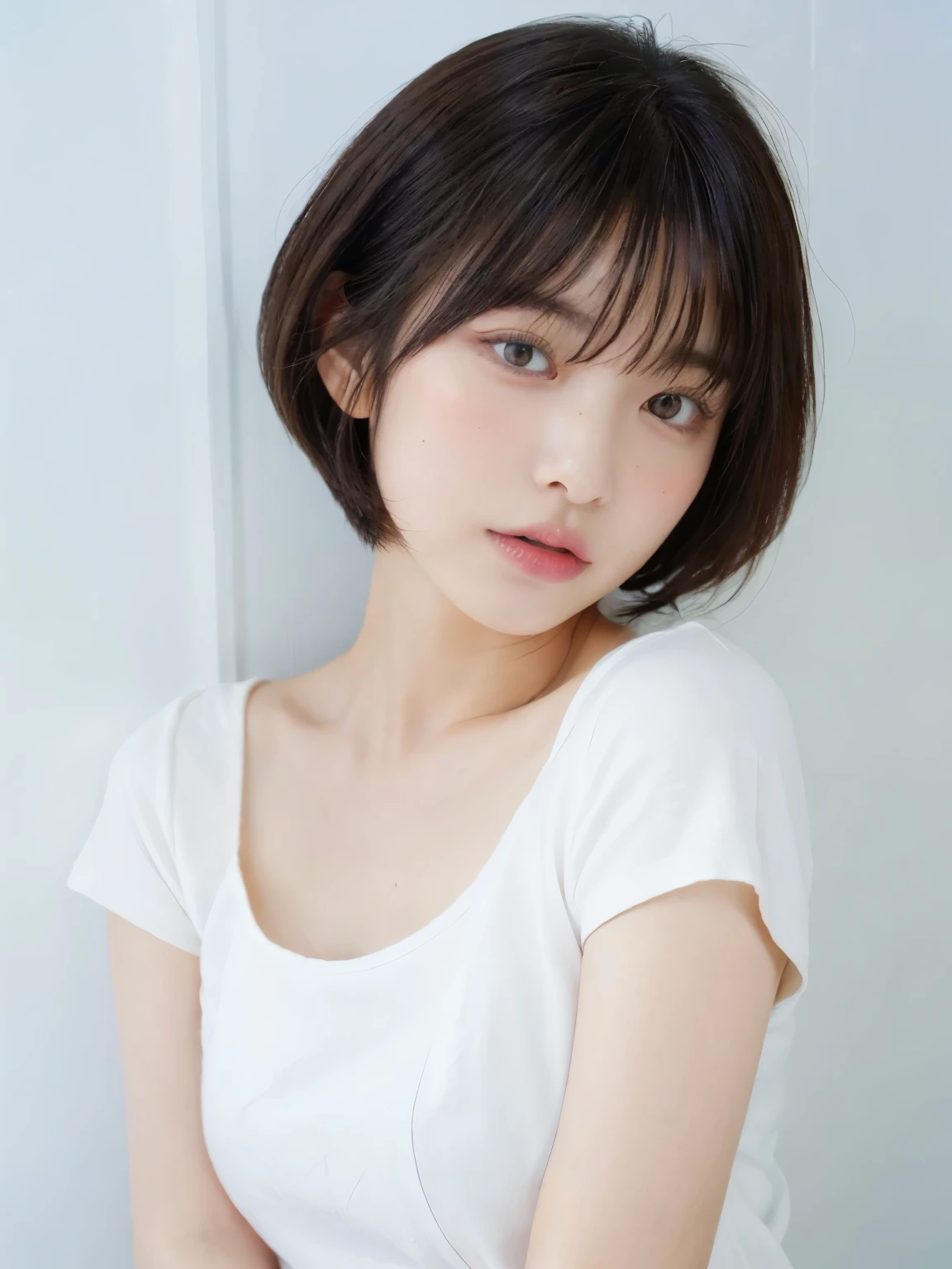 Light grey short sleeve dress、Tabletop、(White wall in the background)、In front of a white door、((highest quality、8k、masterpiece:1.3))、Ultra-high resolution、(photoGenuineistic:1.4)、RAW Photos、30-year-old woman、Japanese,(face)、Genuine、Photographed in natural light、Highly detailed face and skin texture、Highly detailed lips、The correct state of the human body、short hair、Shortcuts、Black Hair、short hair、Various poses、Natural color lip、Fluffy hair