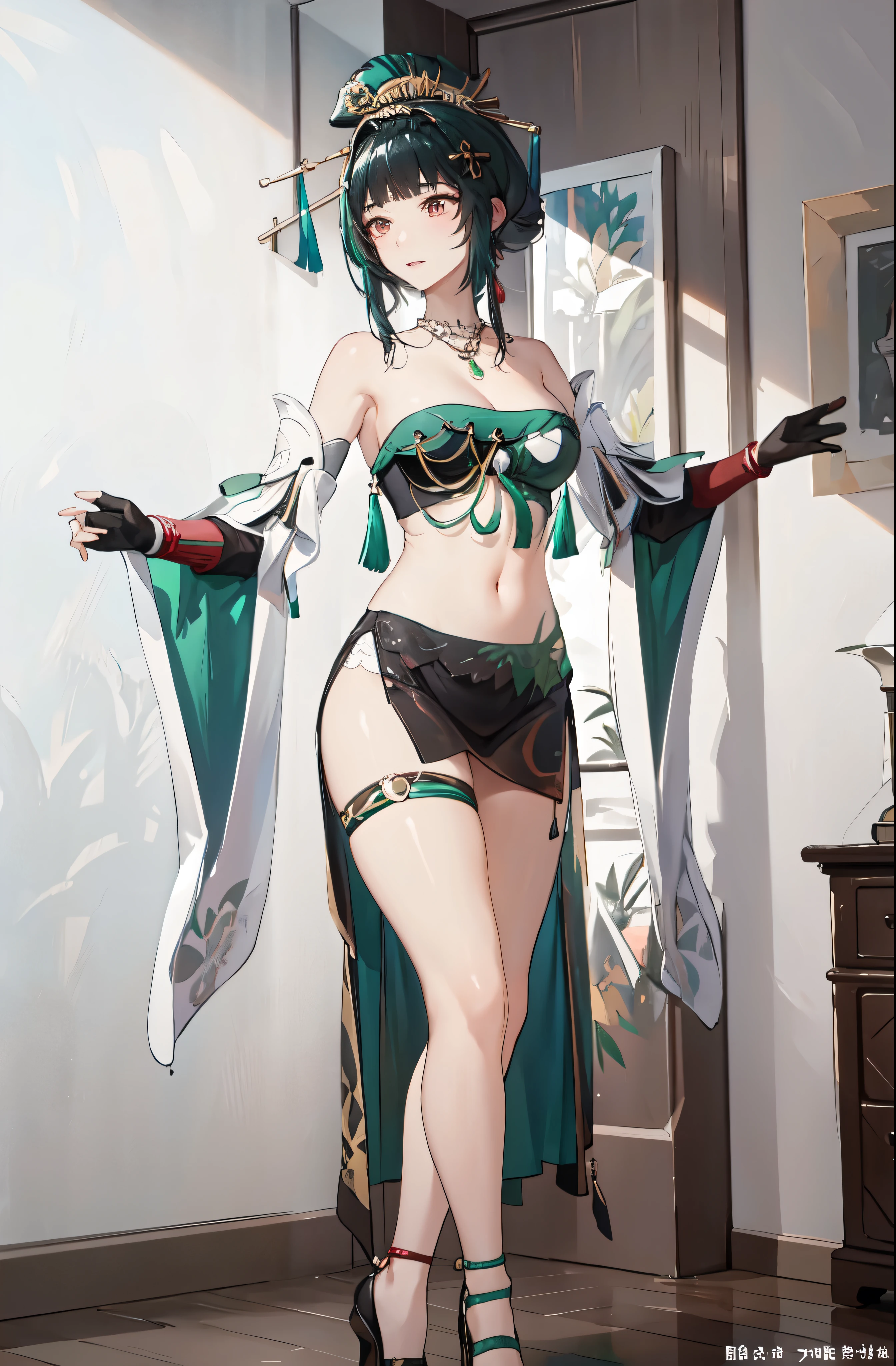 masterpiece, best quality BREAK solo, china dress, highres, Super detailed, very detailed, highest quality, best quality, super detailed, 1girl, standing, (large breasts), mature female, hanying, Full body drawing, (masterpiece), (best quality), (hyperdetail), (illustration), ((extremely delicate and beautiful)), (detailed light), (prefect's body), full body drawing, Hanying, HanYing, sexy, sexy belly, sexy belly line, sexy belly button