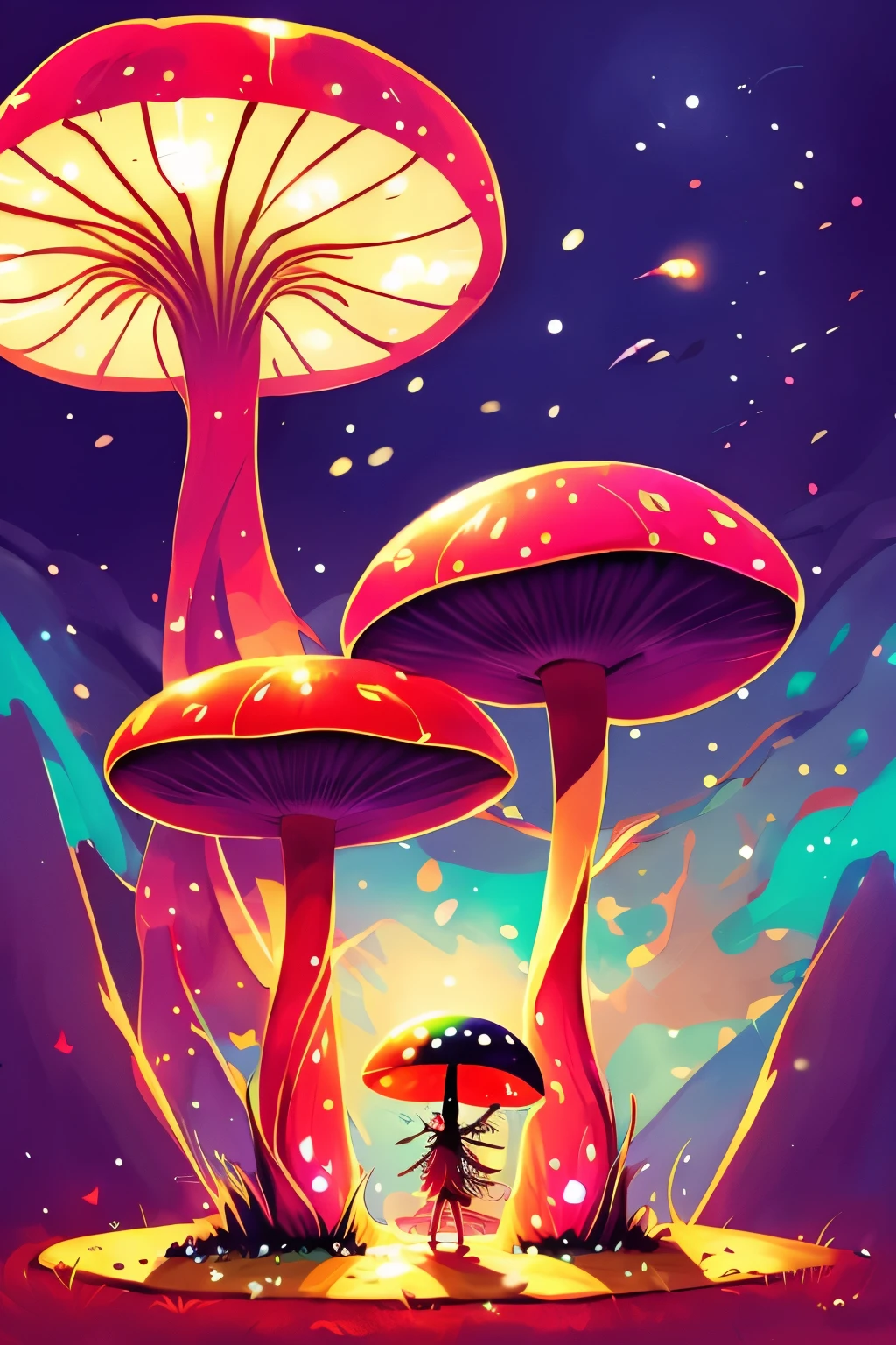 knight of the red mushroom and red mushroom Monster,luminous design, pastel colours, ink drips, summer lights