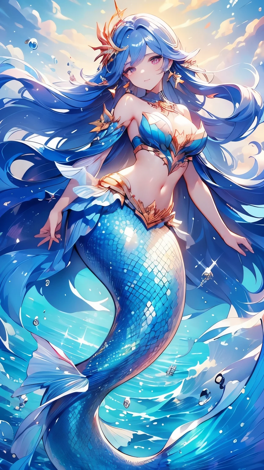 ((highest quality, 8k, masterpiece: 1.3)), Dark blue hair, Hair behind the ear, Long Hair, Big Hair, Wet Hair, Star hair ornament, Upturned eyes, Pointed Ears, A light smile, ((Mermaid)), Sit on a coral reef, Adult women, breastplate, Beautiful Face, highest quality, Shiny skin, Detailed skin, ((Detailed face, Fine grain))