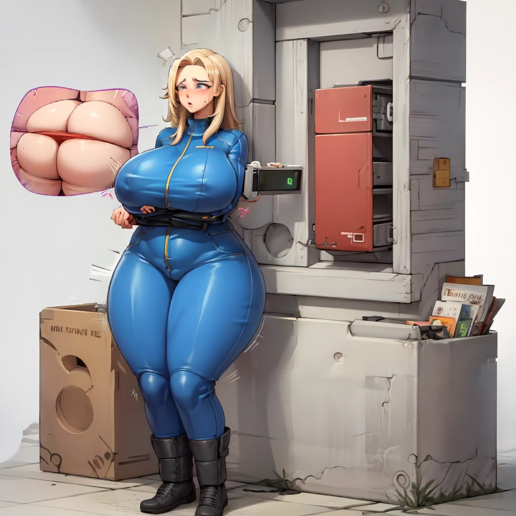 Vault-girl, vault 111 jumpsuit, 1girl, bursting breasts, breast expansion, massive heavy breasts, crossed arms, vibrant blue eyes, blushing, long blonde hair, hips expansion, ass expansion, weight gain, shes stress eating, shes worried about how large her breasts are getting and how sensitive they are, strained jumpsuit, very wide fat hips, thick thighs, massive fat ass, big fat chubby belly,