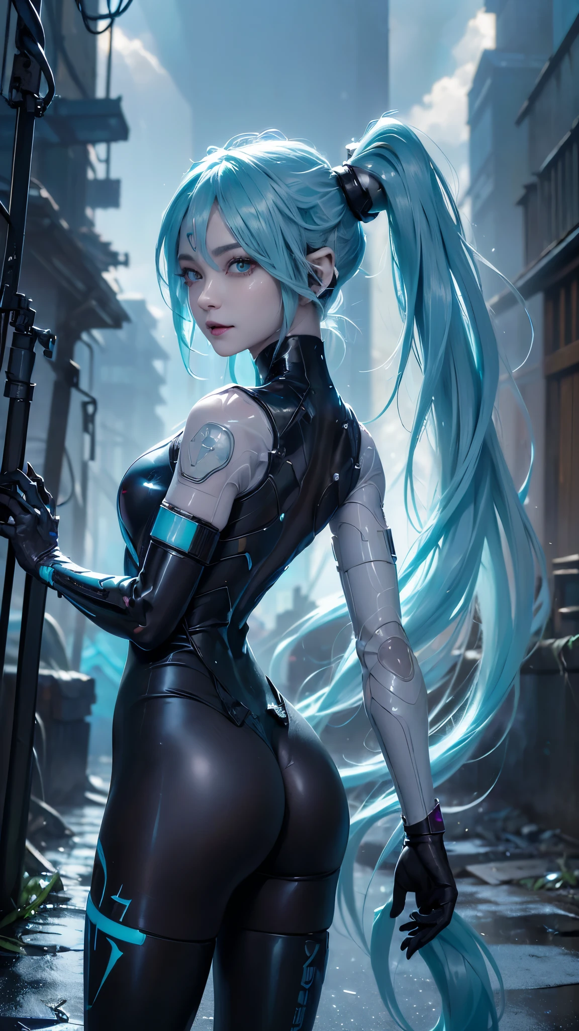 (La mejor calidad,A high resolution,Ultra - detallado,actual), Miku Hatsune dynamic pose , ,(Ruined alley Tokyo cyberpunk dungeon ruins background :1.4 ),(Fondo de ruinas de mazmorra en ruinas cyberpunk :1.4 ), piel brillante, una ligera sonrisa, Racing Miku,(BodySuit blanco cyborg plastico transparente :1.4) , guantes de dos tonos, botas altas de muslo,,(Fondo de ruinas de mazmorra en ruinas nublado lluvia :1.4 ),(Obra maestra: 1.4), (8k UHD , realista, foto cruda, La mejor calidad: 1.4),(Miku Hatsune:1.4), (Miku Hatsune V2.1),(dedos hermosos detailed :1.4) ,( dynamic pose), (perfect anatomy :1.4 ), (cara detallada :1.4), , (cosplay hatsune miku),( no mutaciones), (colores brillantes), (transparent white plastic cyborg mechanic :1.4) ,( ciberpunk 2.1),( Sin texto), (no mutaciones), (rear view, backside view),