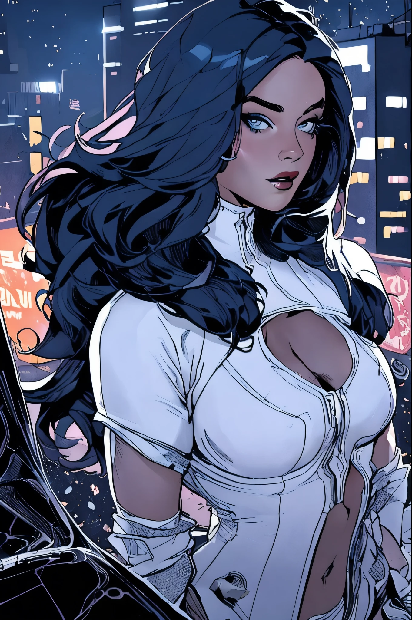 ((melhor qualidade)), ((obra de arte)), (detalhado: 1.4), (absurdo), Alison Tyler (((corpo inteiro))) in comic book panel, full body, bold lineart illustration comic, seductive blue eyes, parted lips, perfect body, curvy, long black hair, fitness, nsfw, in the style of Adam Hughes, sexy white swinsuit Ciberpunk with pink lace, color explosion, (olhos azuis super claros), ((roupas branca e laranja)), (((cabelo preto comprido)))), long black eyelashes heavy makeup, cinta-liga feita com arame farpado, por muito, niji--V5, perto do real, pose dinamica, fundo fractal, 2 piece outfit, pastel, Centrado, scale to fit dimensions, HDR (high-range dynamics),Rastreamento de raio,NVIDIA RTX,Super-resolution,Irreal 5, underground dispersal, Textura PBR, Post-processing, Anisotropic filtering, profundidade de campo, maximum clarity and sharpness, Texturas multicamadas, Albedo e mapas especulares, Surface shading, Super Detalhe, Blade Runner, In the top of buildings, big city night background
