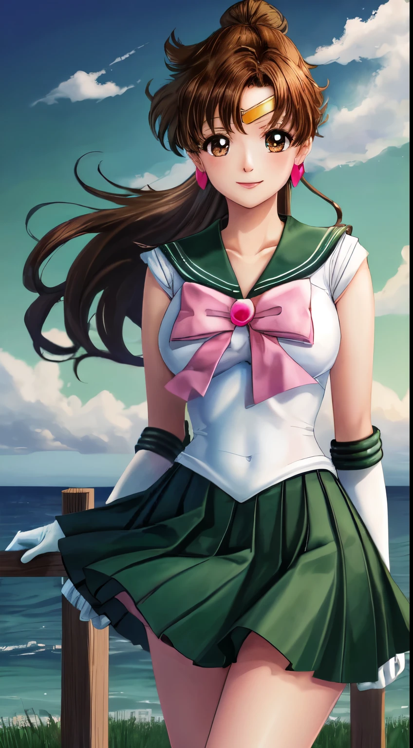 masterpiece, highest quality, High resolution, One girl, alone, Sailor Jupiter, (Hair fluttering), (Single Ponytail)), Elbow hand pockets, headgear, Green pleated skirt, Pink ribbon, (Green sailor collar), Brown Hair, White gloves, jewelry, Earrings, smile, Grassland in the background, Blue sky and white clouds, Ocean, front, whole body