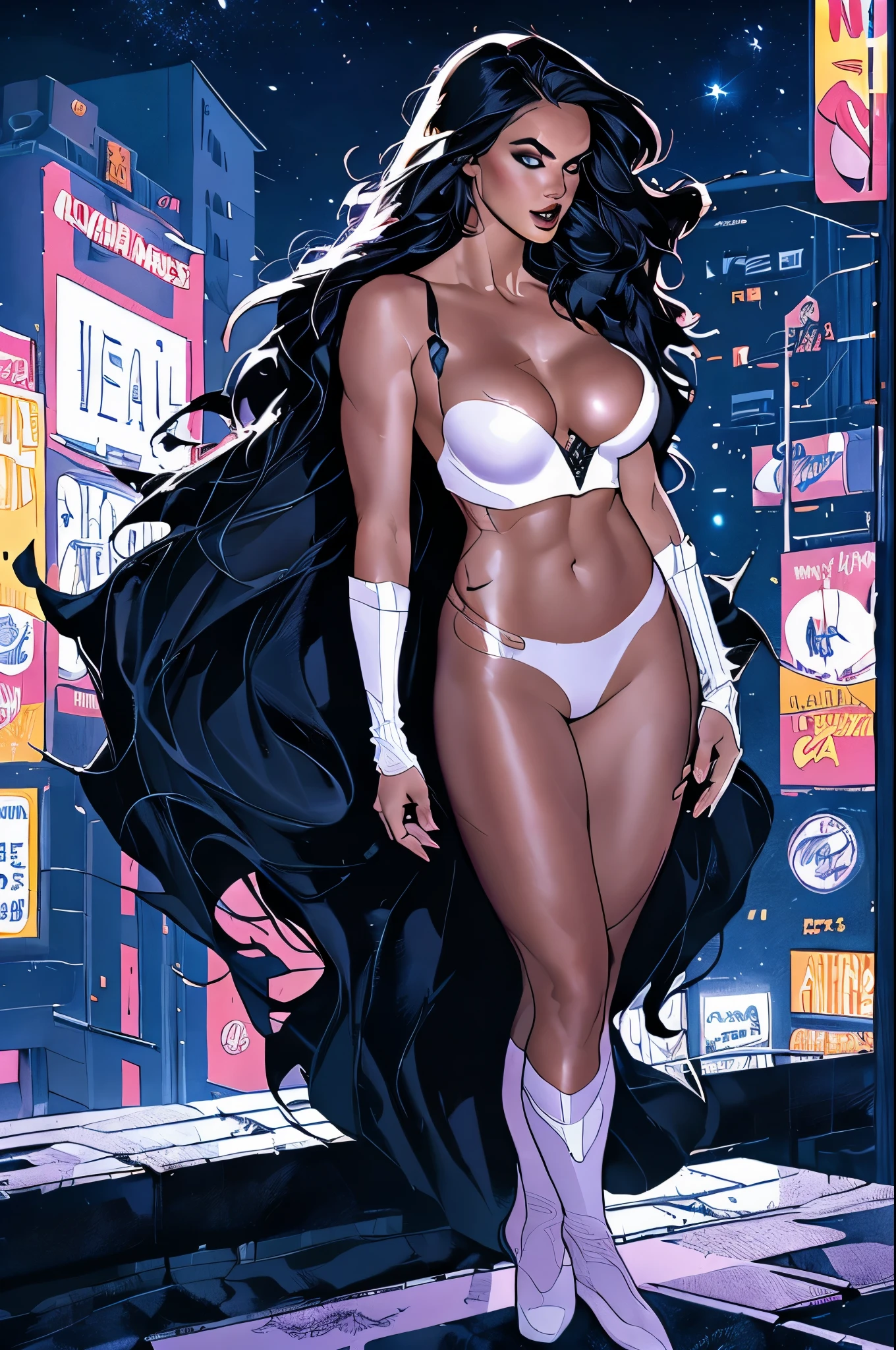 ((melhor qualidade)), ((obra de arte)), (detalhado: 1.4), (absurdo), Alison Tyler (((corpo inteiro))) in comic book panel, full body, bold lineart illustration comic, seductive blue eyes, parted lips, perfect body, curvy, long black hair, fitness, nsfw, in the style of Adam Hughes, sexy white swinsuit Ciberpunk with pink lace, color explosion, (olhos azuis super claros), ((roupas branca e laranja)), (((cabelo preto comprido)))), long black eyelashes heavy makeup, cinta-liga feita com arame farpado, por muito, niji--V5, perto do real, pose dinamica, fundo fractal, 2 piece outfit, pastel, Centrado, scale to fit dimensions, HDR (high-range dynamics),Rastreamento de raio,NVIDIA RTX,Super-resolution,Irreal 5, underground dispersal, Textura PBR, Post-processing, Anisotropic filtering, profundidade de campo, maximum clarity and sharpness, Texturas multicamadas, Albedo e mapas especulares, Surface shading, Super Detalhe, Blade Runner, In the top of buildings, big city night background