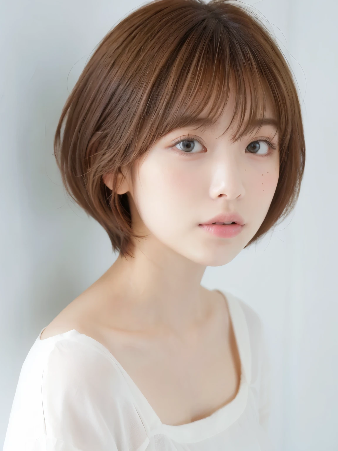 Light grey short sleeve dress、Tabletop、(White wall in the background)、In front of a white door、((highest quality、8k、masterpiece:1.3))、Ultra-high resolution、(photoGenuineistic:1.4)、RAW Photos、30-year-old woman、Japanese,(face)、Genuine、Photographed in natural light、Highly detailed face and skin texture、Highly detailed lips、The correct state of the human body、short hair、Shortcuts、Brown Hair、short hair、Various poses、Natural color lip、Fluffy hair