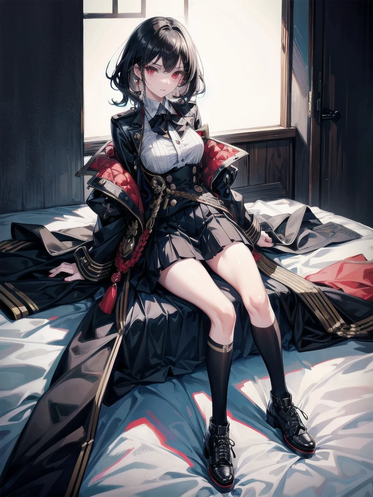 black military uniform, mini skirt, combat boots, taisho steampunk, absurdres, RAW photo, extremely delicate and beautiful, masterpiece, Best Quality, ultra high resolution, 32k, hyperrealistic, ultra-detailed, detailed description, pale skin, 20 years old, tearful mole, earring, short medium hair, wavy hair, whole body shot, legs, Red eyes,