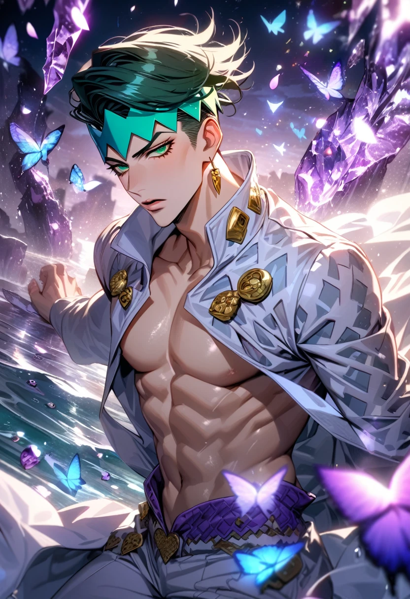 Ultra detailed, HDR, Highres, absurdres, master piece, Kishibe Rohan, dark green hair, expressive green eyes, white long coat with patterns, Jojo Bizarre Adventure, toned chest, purple glittering butterflies, purple ice, petals, purple ice roses, sexy man, solo, extremely detailed face and eyes, extremely handsome, glittering, water,