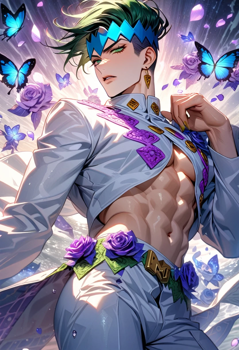 Ultra detailed, HDR, Highres, absurdres, master piece, Kishibe Rohan, dark green hair, expressive green eyes, white long coat with patterns, Jojo Bizarre Adventure, toned chest, purple glittering butterflies, purple ice, petals, purple ice roses, sexy man, solo, extremely detailed face and eyes, extremely handsome, glittering, water,