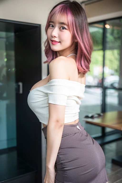 (stick out butt:1.3), (show your butt hole:1.3),Pink Hair,Realistic, photo-Realistic:1.37),(8k, RAW Photos, highest quality, masterpiece:1.2), cute, Dayu Seren, Very delicate and beautiful girl,Very detailed, , Genuine, incredibly Absurd, Abstraction, very elaborate body, Sexy smile, young,20-year-old, Heart-shaped pupils,Pink Hair, Two-tone hair, Beautiful fine hair, Exquisite and beautiful face,Clear Eyes, Soft lips, Absurd, Very CGI-like,Huge breasts,(Exposing the breasts:1.37),Accentuate your breasts,highest quality, Ultra-high resolution, (Realistic:1.4), One girl, off-the-shoulder white shirt, Black tight skirt, Black choker, (Faded grey hair:1), (Huge breasts:1.2), View Viewer, close ,