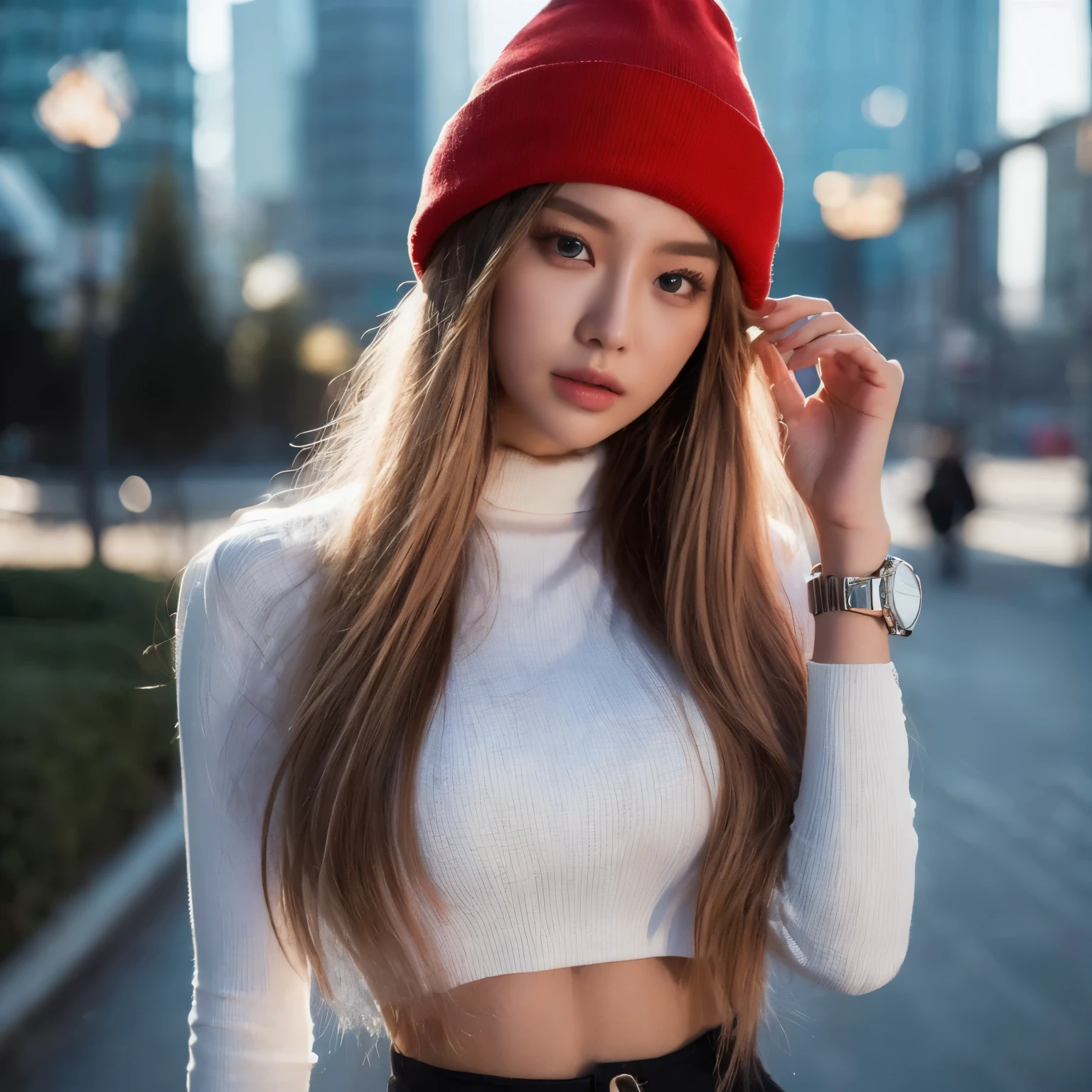 ((Best quality, 8k, Masterpiece :1.3)), Whole body, Long legs, Sharp focus :1.2, a 20 year old woman, long blonde hair, blue eyes, red beanie hat, white turtle neck crop top, black pants, wearing a watch, background in a city park, Asian woman, career woman, realistic, ultra HD, Highly detailed face and skin texture, Detailed eyes, Double eyelid, ((Perfect Fingers, Perfect Eyes, V-shape Face)) 
