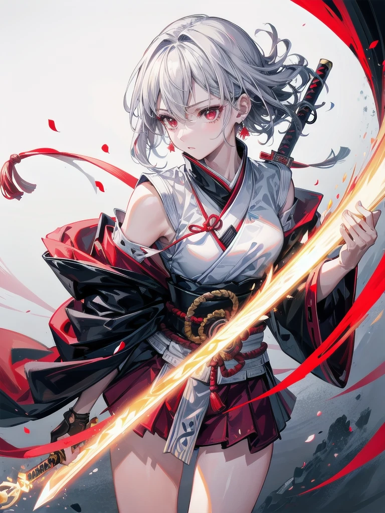 Samurai wielding a sword, Equipped with two Japan swords, absurdres, RAW photo, extremely delicate and beautiful, masterpiece, Best Quality, ultra high resolution, 32k, hyperrealistic, ultra-detailed, detailed description, pale skin, 20 years old, tearful mole, earring, short medium hair, wavy hair, whole body shot, legs, Red eyes,