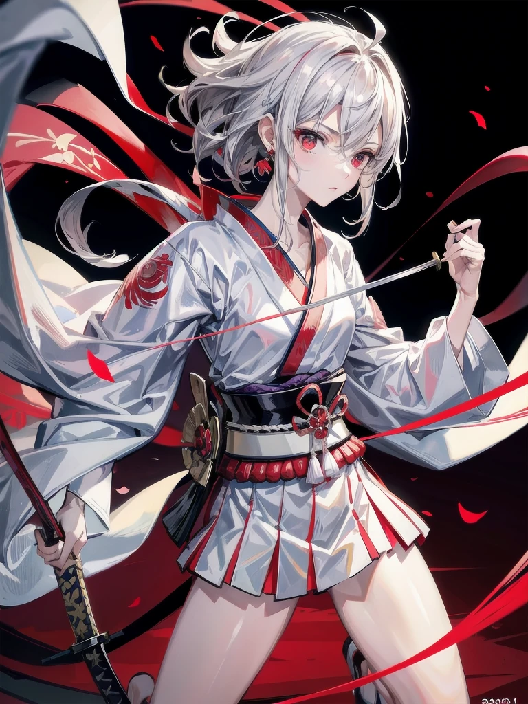 Samurai wielding a sword, Equipped with two Japan swords, absurdres, RAW photo, extremely delicate and beautiful, masterpiece, Best Quality, ultra high resolution, 32k, hyperrealistic, ultra-detailed, detailed description, pale skin, 20 years old, tearful mole, earring, short medium hair, wavy hair, whole body shot, legs, Red eyes,