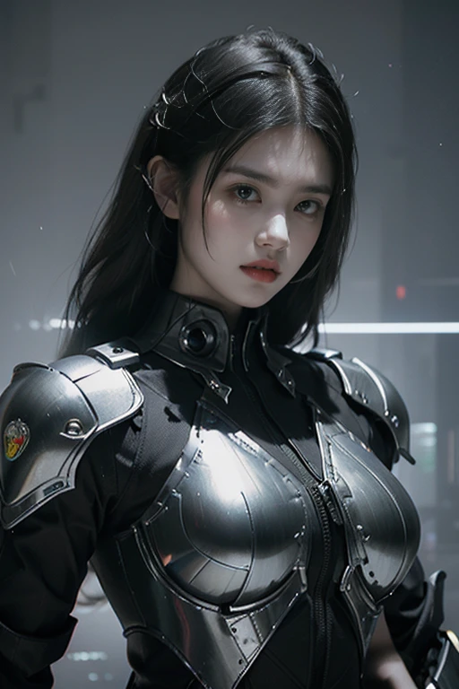 Game art,The best picture quality,Highest resolution,8K,((A bust photograph)),((Portrait)),(Rule of thirds),Unreal Engine 5 rendering works, (The Girl of the Future),(Female Warrior), 22-year-old girl,(Female hackers),(Ancient Oriental hairstyle),(A beautiful eye full of detail),(Big breasts),(Eye shadow),Elegant and charming,indifferent,((Frown)),(Battle wear full of futuristic tech,Clothing combines futuristic power armor and police uniforms,The garments are adorned with glittering patterns and badges),Cyberpunk Characters,Future Style, Photo poses,City background,Movie lights,Ray tracing,Game CG,((3D Unreal Engine)),oc rendering reflection pattern