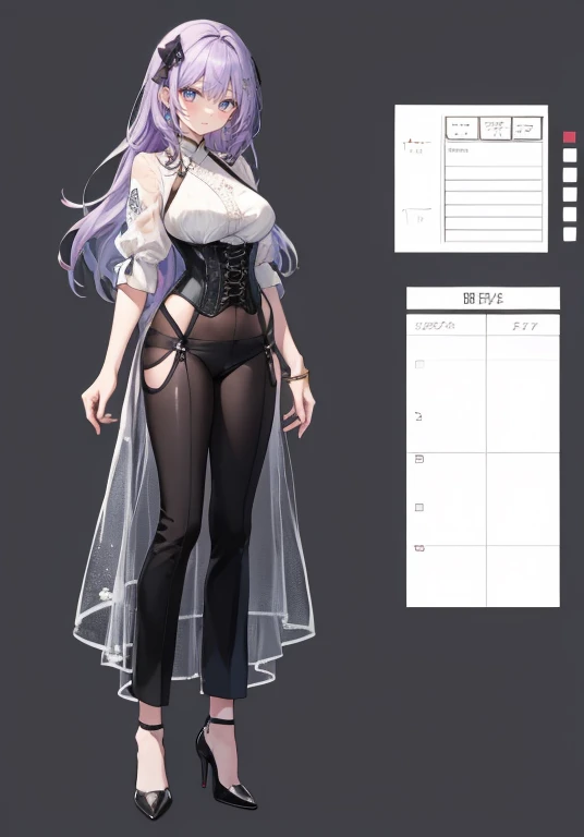 Purple hair,long hair,Adult female,((body harness)),A white see-through blouse,((Roll up your sleeves)),(Corset),(Matte black trousers),(high heels),The heel is visible,((Simple background)),Smile,((Full body)),((whole body)),Character Sheet,