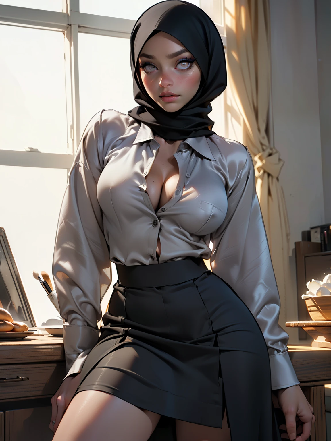 ((Masterpiece, best quality, photography, detailed skin, realistic, photo-realistic, 8k, highly detailed, full length frame, High detail RAW color art, diffused soft lighting, shallow depth of field, sharp focus, hyperrealism, cinematic lighting, hijab, a woman, mature, beautifully makeup, bold eyeshadow, beautiful big eyes, brown eyes, long eye lashes, saggy breast, medium breast, wide hips, loosely shoulder unbutton shirt, ((gray satin shirt)), Taupe satin long maxi skirt, unbutton shirts, curves, standing split, on table, spread legs, folding legs, cum in pussy