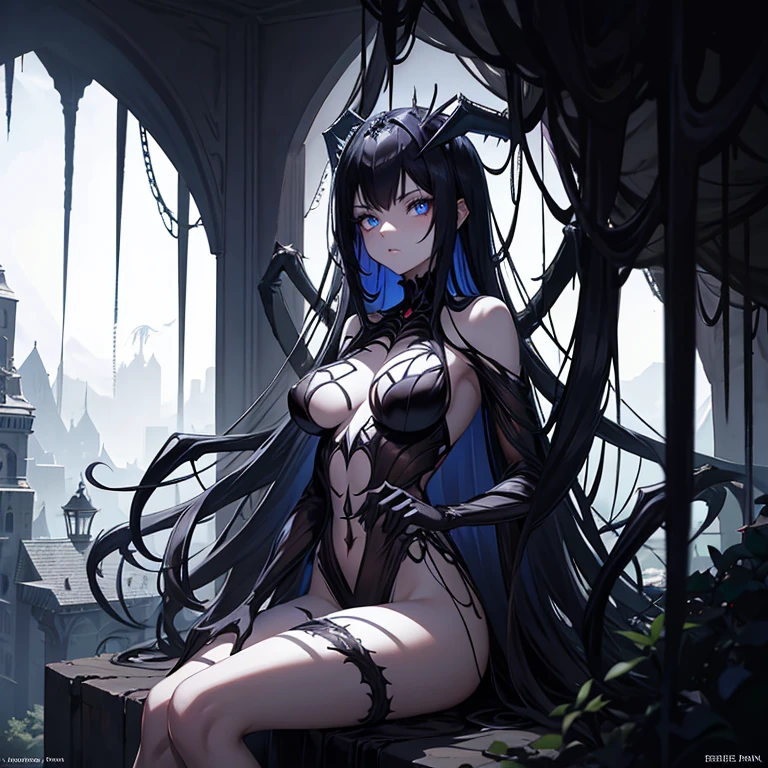 A monster girl with spider-body, black hair, small breasts. Her dark-blue eyes are eerily growing. Sitting on her terrifying cobweb. In dark cave, Spread strings, Arachne, Spider girl