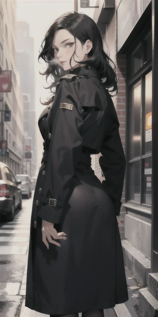 Mature woman, wavy hair, black hair, mature face, hot face, sharp eyes, sharp gaze, big ass, trench coat, black skirt, night, sidewalk, cigarette in mouth, smoking, close view, ((turn around and look back))