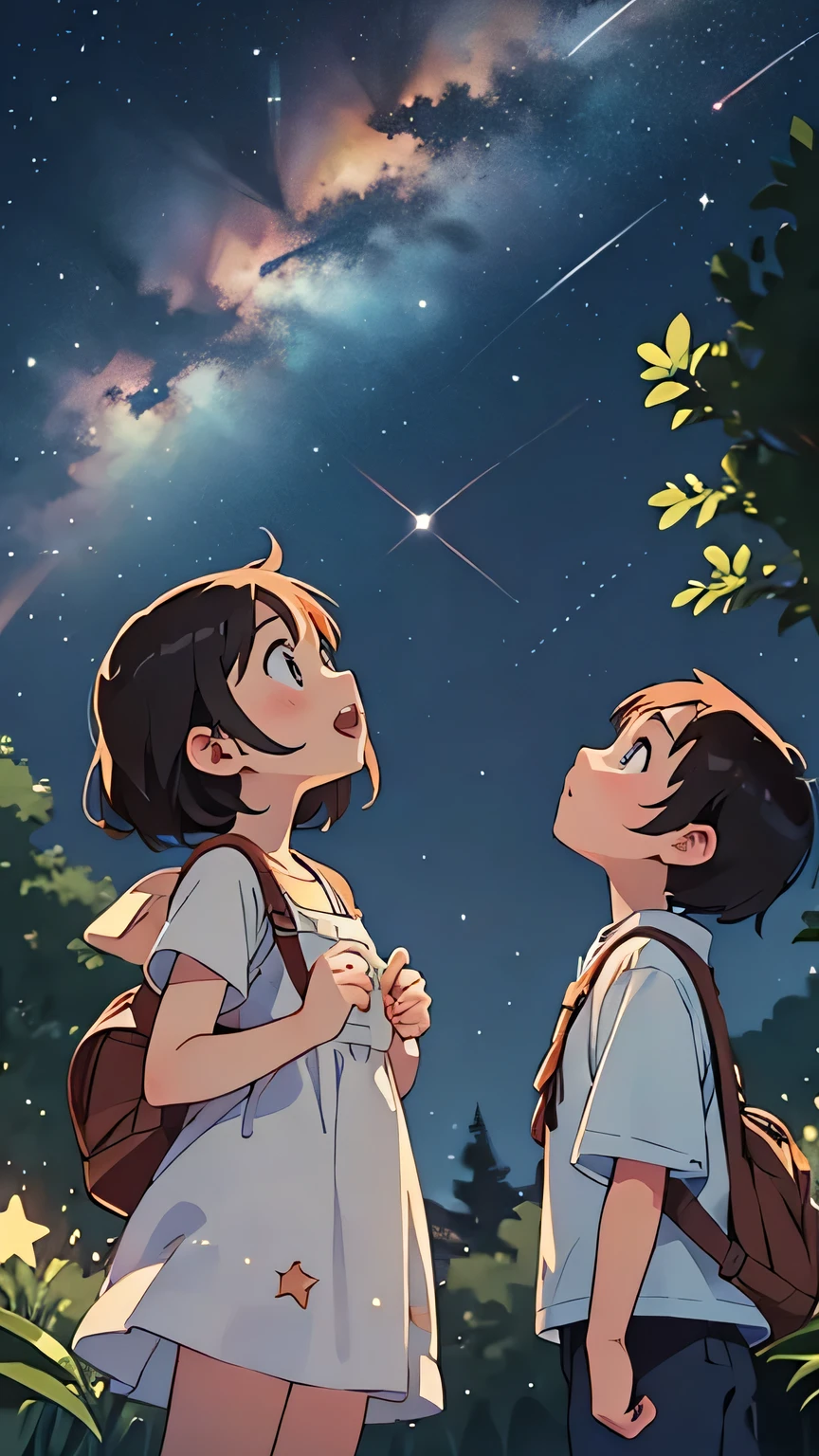 Children looking up at the Milky Way, One shooting star, Summer night sky,