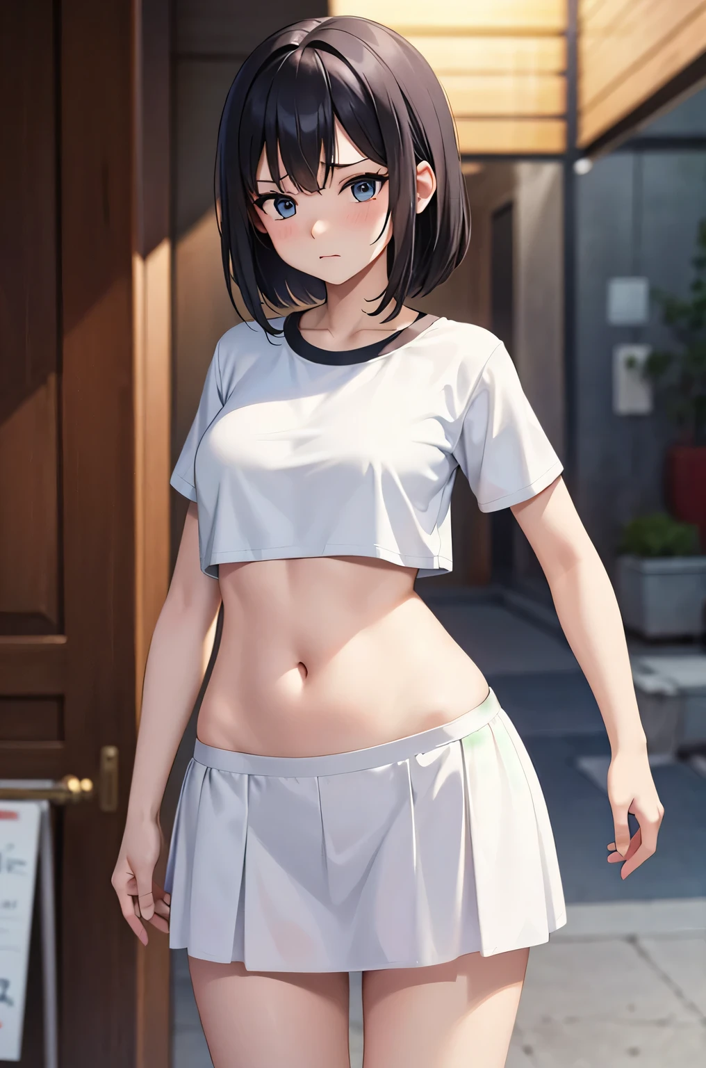super fine illustration, vibrant colors, masterpiece, sharp focus, best quality, depth of field, cinematic lighting, ultra detailed, short sleeves, t-shirt, long skirt, belly button, midriff, hips, 1 woman, home, solo, milf, slender, blush, annoyed, casual, mature female, tall body, looking down, medium breasts