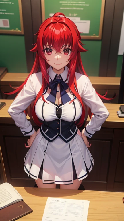 gremory maquillaje, Adolescente, vestido con el uniforme de la Academia Kuoh, sonrisa, Hermoso, pechos medianos, background in the occult research club room