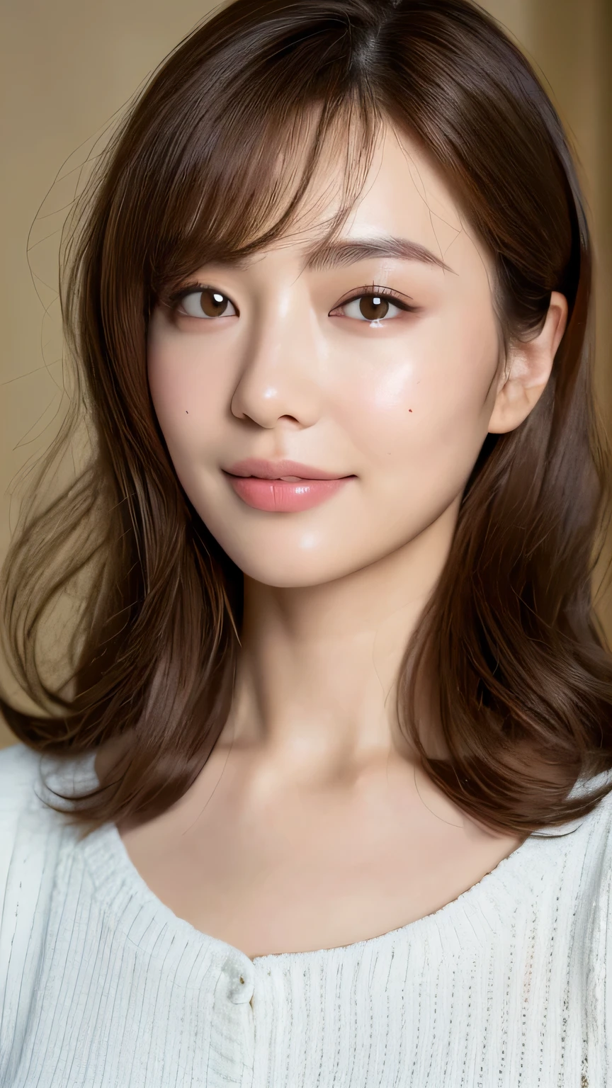 ((highest quality, 8k, masterpiece: 1.3)), 1 female, Japanese Mature,Sensual beauty: 1.3, (Hair style Brown hair Medium wave, big: 1.2), Relaxed loungewear: 1.1, Super slender face, Delicate eyes, double eyelid, Dimples,Mole, Home,relax,A motherly smile,Plump body,