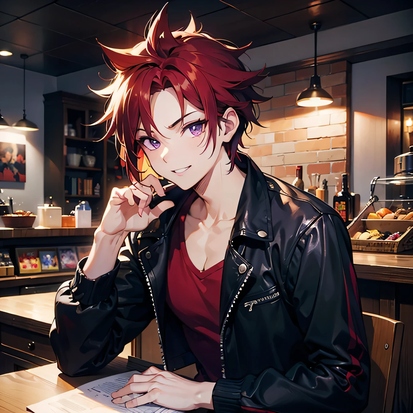 Anime art style,highest quality,High resolution,Anatomically correct,One Man,Twenty generations,Dark red hair,Purple Eyes,Super detailed,Fantasy style attire,Focus on the upper body,Spiky Hair,Spiked Hair,Strong physique,Short black jacket,Plain red tank top,Black trousers,wild atmosphere,Confident々Smile,Tavern,Sitting at the counter,8K