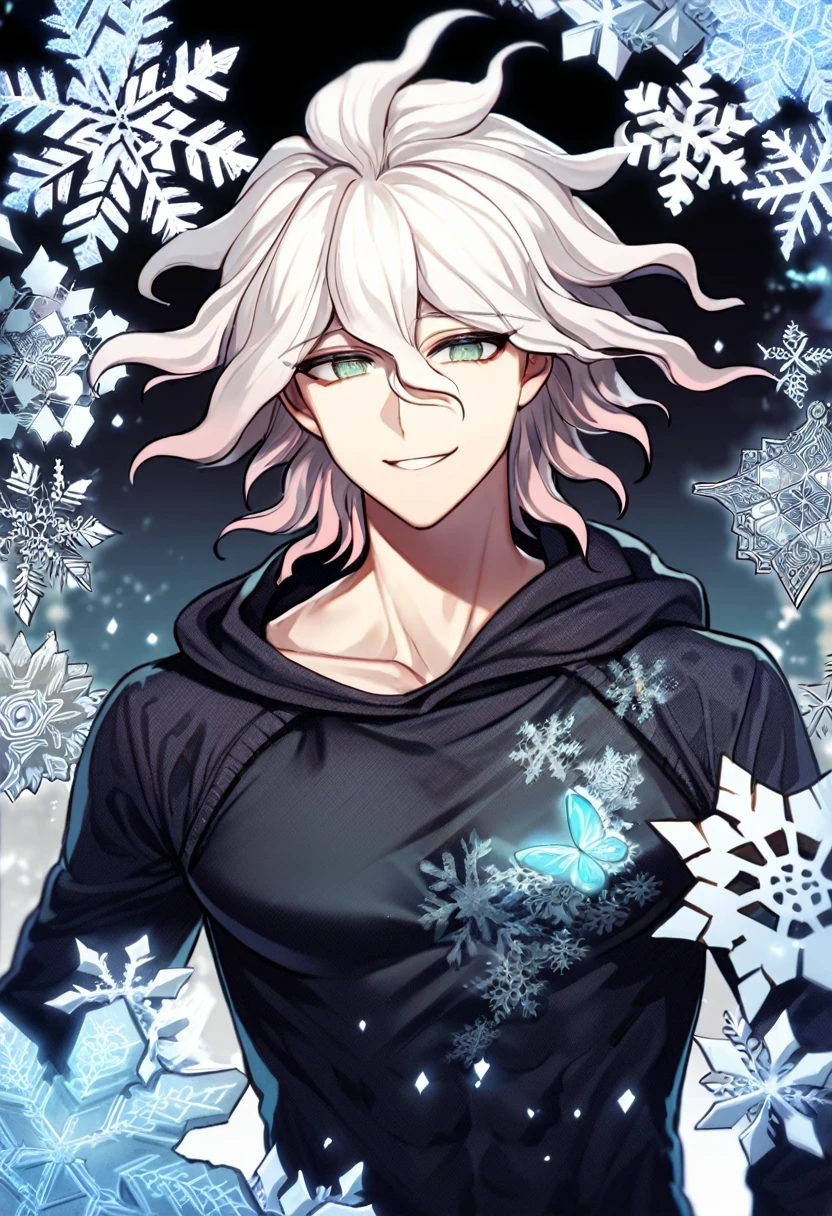 Ultra detailed, HDR, Highres, absurdres, master piece, Komaeda Nagito, white hair, expressive light grey-green eyes, black hoodie with patterns, Danganronpa 2, ice glittering butterflies, winter, ice, snowflakes, white flowers, sexy man, solo, extremely detailed face and eyes, handsome, glittering, toned chest, black tight T-shirt, smirking