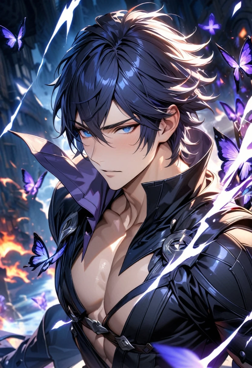 absurdres, highres, ultra detailed, HDR, masterpiece, extremely detailed face and eyes, Chrom, dark blue hair, short hair, expressive blue eyes, fire emblem awakening, solo, sexy man, handsome, black clothes, toned chest, purple butterflies, purple petals, purple flowers, blue lightning