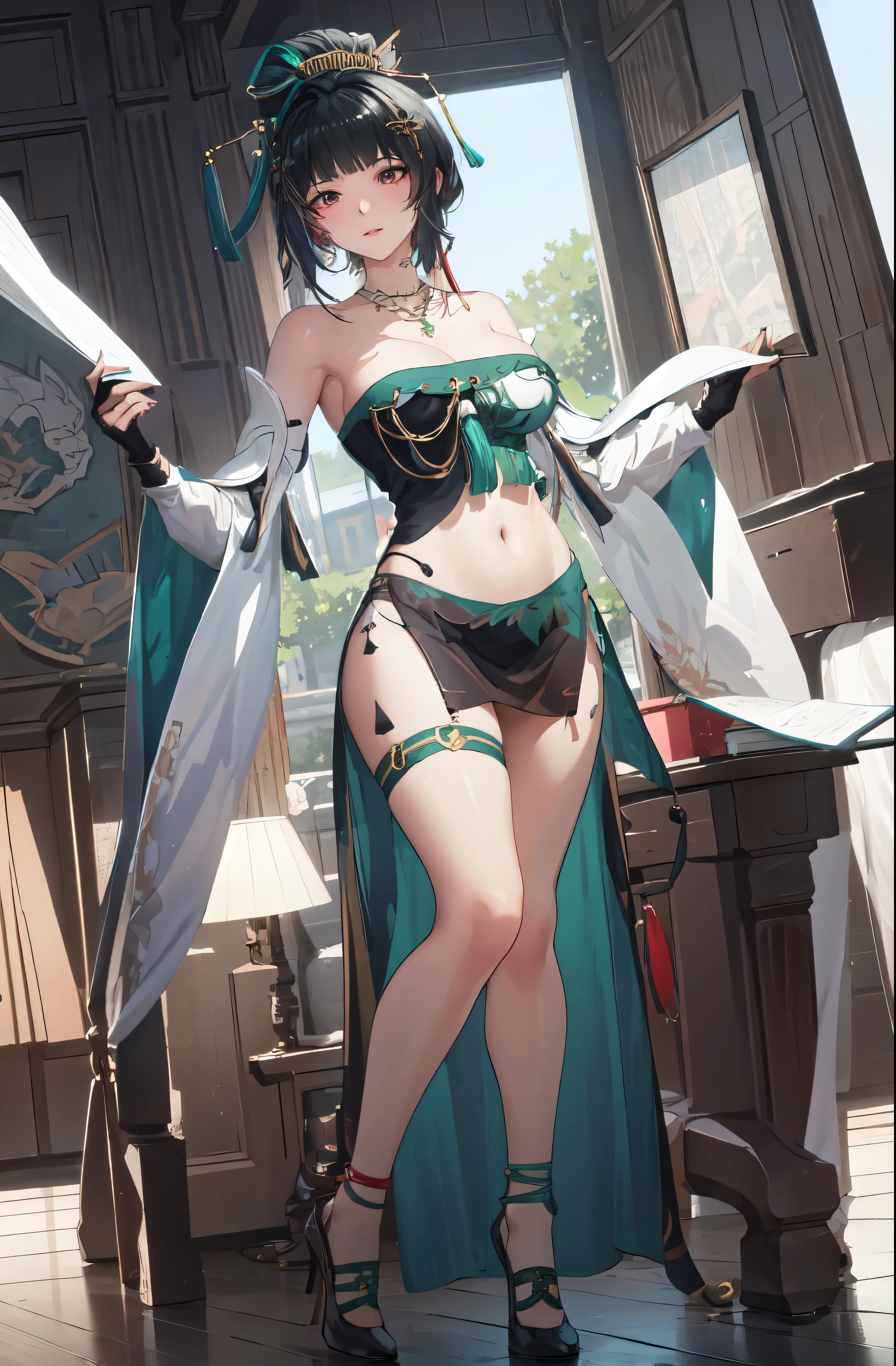 masterpiece, best quality BREAK solo, china dress, highres, Super detailed, very detailed, highest quality, best quality, super detailed, 1girl, standing, (large breasts), mature female, hanying, Full body drawing, (masterpiece), (best quality), (hyperdetail), (illustration), ((extremely delicate and beautiful)), (detailed light), (prefect's body), full body drawing, Hanying, HanYing, sexy, sexy belly, sexy belly line, sexy belly button