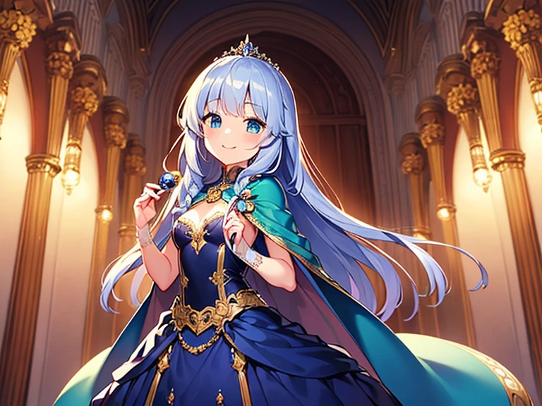 (kawaii),(best quality),(ultra detailed), upper body,(rococo style),(long train mint blue cape:1.05), very long cape,(long train mint blue ball gown with flower decorations:1.05), a girl is wearing a cape over her gown, 1 princess, tiara, smile, small breasts, very long hair