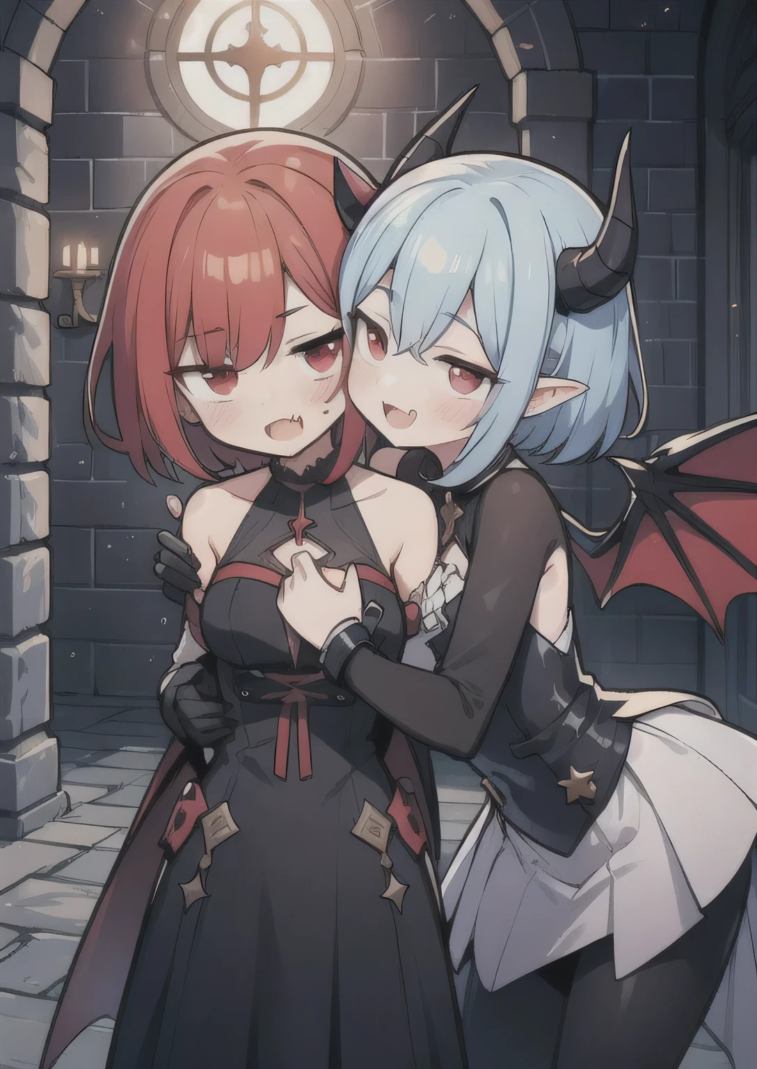 8K, femboy and girl, petit, teen, kawaii vampire, blue hair, crimson hair, short hair, red eyes, bat wings, smile, (blush), (shy), fang, pointed ears, looking at viewer, dynamic angle, wind, game cg, fantastic scenery, demon tail, thin tail, black horns, medium breast, latex, kissing, sexy, dating, dungeons, summon, magic, bulge