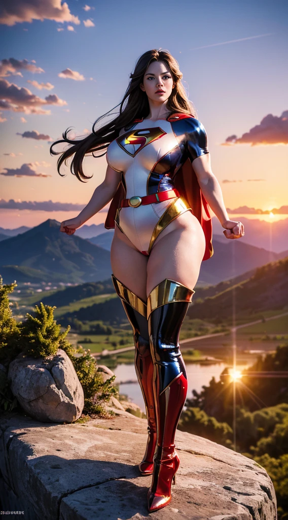 Superman (woman, Superman Glossy enamel costume in white with red and gold details) от DC Comics, CGI with clear focus, Photorealistic, high detail, Realistic, Masterpiece, absurdress, Best Quality, HDR, hiquality, hight resolution, Extremely detailed, 8k wallpaper, intricate details, 8K UHD, Full-HD, (foto realista:1.2), Contrast, sharp lighting, Cinematic lighting, natural lighting, hard light, Backlighting, Global Illumination, Environment Occlusion,  ((Standing in the middle TOP OF A HIGH ROCKY MOUNTAIN, SUNSET, BLUE SKY,)) , Hyper_girl, (chubby:1.2)   ((Only, full body view, standing , spread legs, facing the viewer, 1girl, background of garden, stone walls and pathways, wisteria trees, outside of mansion, official art, extremely detailed ,,))  (Thick thighs:1.2)
