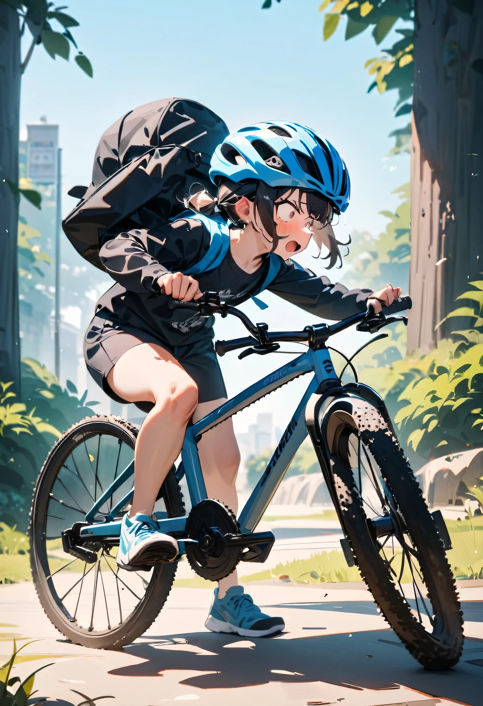 masterpiece, best quality, very aesthetic, absurdres, newest, masterpiece, best quality, 8k, highres, ultra detailed, ultra detailed background, high contrast, 1girl, solo, young, frightened expression, wobbling bicycle, clear sunny weather, outdoor park, wearing bicycle helmet, full body, action pose