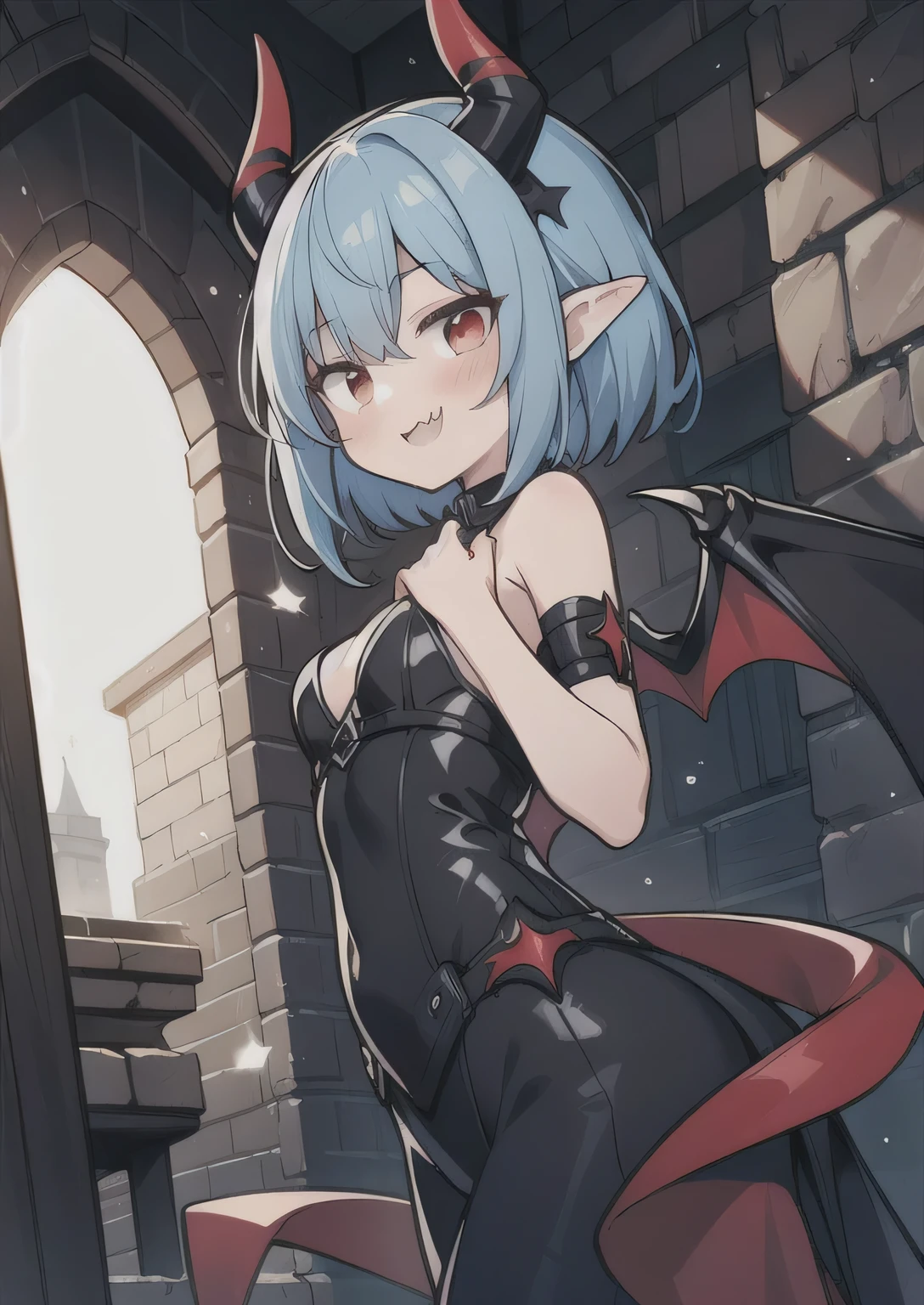 8K, femboy and girl, petit, teen, kawaii vampire, blue hair, crimson hair, short hair, red eyes, bat wings, smile, (blush), (shy), fang, pointed ears, looking at viewer, dynamic angle, wind, game cg, fantastic scenery, demon tail, thin tail, black horns, medium breast, latex, kissing, sexy, dating, dungeons, summon, magic, bulge