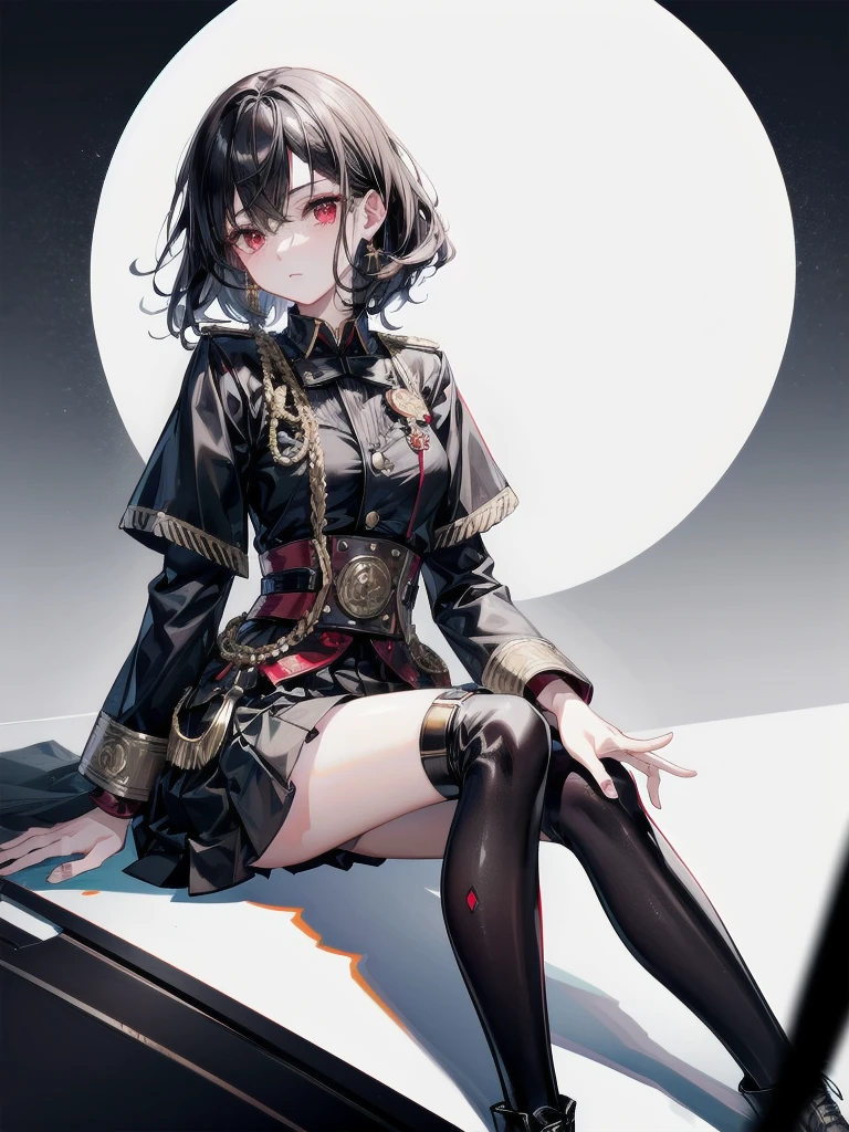 taisho steampunk fashion, black military uniform, mini skirt, combat boots, absurdres, RAW photo, extremely delicate and beautiful, masterpiece, Best Quality, ultra high resolution, 32k, hyperrealistic, ultra-detailed, detailed description, pale skin, 20 years old, tearful mole, earring, short medium hair, wavy hair, whole body shot, legs, Red eyes,