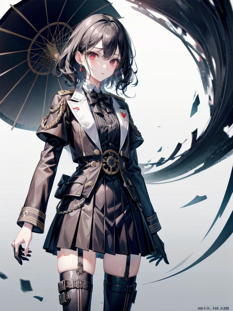 taisho steampunk fashion, black military uniform, mini skirt, combat boots, absurdres, RAW photo, extremely delicate and beautiful, masterpiece, Best Quality, ultra high resolution, 32k, hyperrealistic, ultra-detailed, detailed description, pale skin, 20 years old, tearful mole, earring, short medium hair, wavy hair, whole body shot, legs, Red eyes,