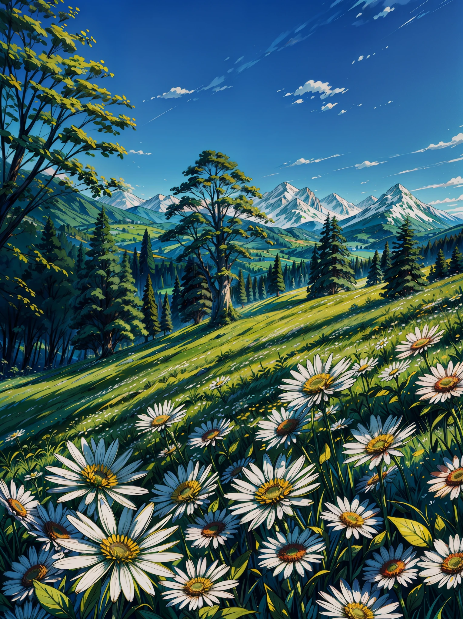 a painting of a field of daisies with trees in the background, meadow with flowers, vibrant gouache painting scenery, meadow background, mountain behind meadow, meadows on hills, wildflowers and grasses, by Bob Thompson, field of wild flowers, meadow flowers, summer meadow, field with grass and flowers, background of flowery hill, by Elaine Hamilton, rocky meadows