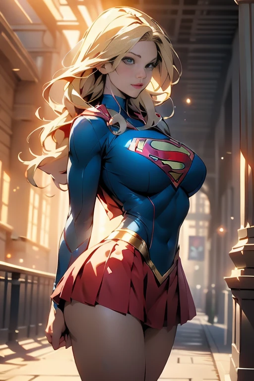 nsfw: 1.5, masterpiece, best quality, high quality, high definition, high quality textures, high quality shadows, high definition, beautiful detail, highly detailed CG, detailed textures, realistic representation of faces, realistic, colorful, delicate , cinematic lights, side lights, lens flares, ray tracing, sharp focus, supergirl, ((best quality, masterpiece, absurd, 8k)), 1 girl, solo, 21 years old,Supergirl(Helen Slater), huge breasts, huge breasts, long hair down to her hips, long hair,low hair, voluminous hair, white skin tone, green eyes, sparkling expressive eyes, huge breasts, she is supergirl, Supergirl cosplay , japanese sailor female cosplay Supergirl, costume female school,stocking 7/8 ,superman suit, blushing, embarrassed expression, shy smile, building terrace, daytime, pretty, young woman, hands behind) (1girl, __focus__:1.3), (intricate details, makeup , PureErosFace_V1:0.5), (delicate beautiful face with details, Delicate eyes beautiful in details, perfect face proportions, dense skin, ideal proportion of four fingers and one thumb, arms under the chest, huge breasts, miniskirt,upskirt,wide hips, flat upper abdomen , thin, dressed, blonde: 1.3), bed, no hands , (Thick thighs:1.2)