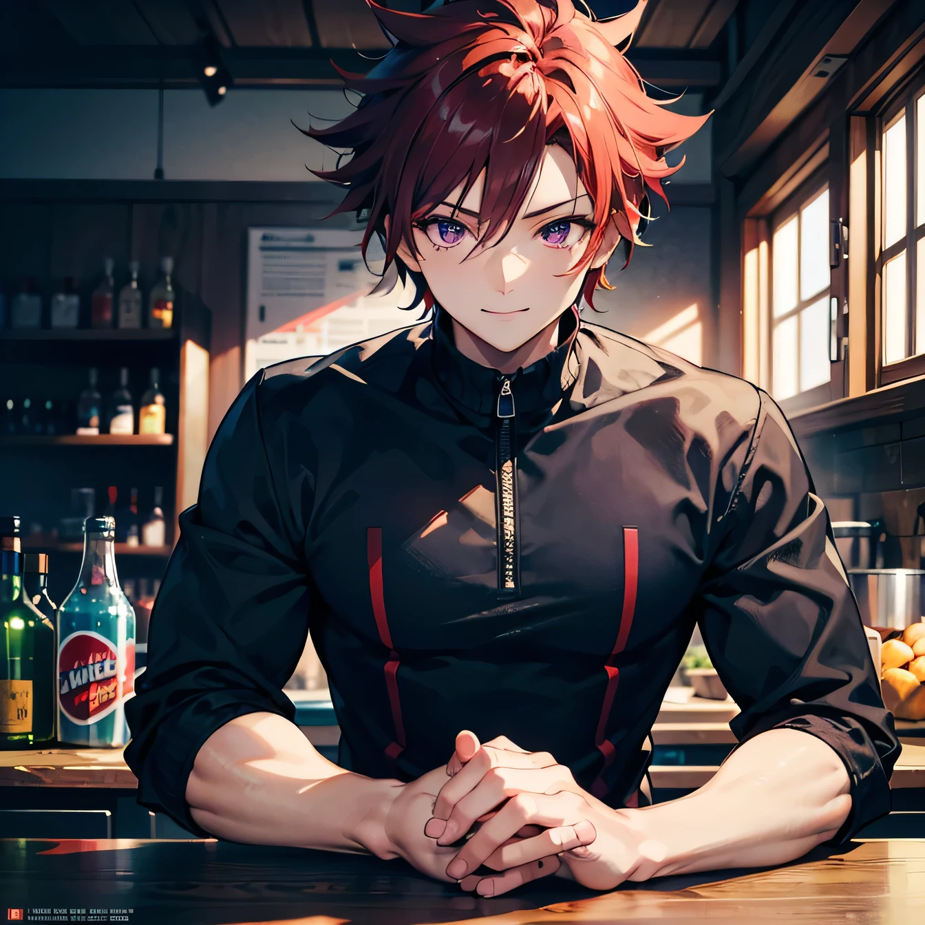 Anime art style,highest quality,High resolution,Anatomically correct,One Man,Twenty generations,Dark red hair,Purple Eyes,Super detailed,Fantasy style attire,Focus on the upper body,Spiky Hair,Spiked Hair,Strong physique,Short black jacket,Plain red tank top,Black trousers,wild atmosphere,Confident々Smile,Tavern,Sitting at the counter,8K