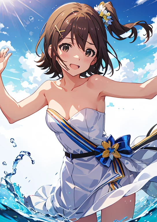 Mirai Kasuga, (highest quality, 8k, masterpiece, Very detailed:1.2), (Lens flare, Particles of light, Shine), Big Breasts, smile, Open your mouth, masterpiece, highest quality, Very detailed, High resolution, Very detailedなCG, (Official Art), ((Browsing Caution)), (((Completely naked))), (Embarrassing:1.1), (blush:1.2), Open your mouth, (shout:1.1), (Moving lines:1.1),  blue sky, summer, Sandy Beach, Cowboy Shot