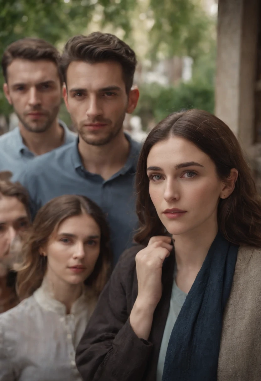 group of men and woman jew in a residential area, jew focusing on the characters' faces.