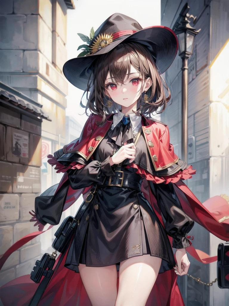 detective, brown headwear, brown capelet, absurdres, RAW photo, extremely delicate and beautiful, masterpiece, Best Quality, ultra high resolution, 32k, hyperrealistic, ultra-detailed, detailed description, pale skin, 20 years old, tearful mole, earring, short medium hair, wavy hair, whole body shot, legs, Red eyes,